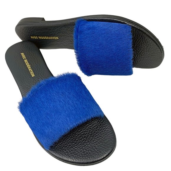 AVEC MODÉRATION Bora Bora Royal Blue Pony Hair Leather Slides - Picture 11 of 11